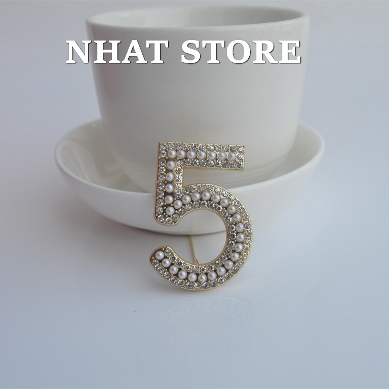 Trâm cài vest Hàn Quốc, ghim cài áo nữ đính đá hình số 5 Nhat Store