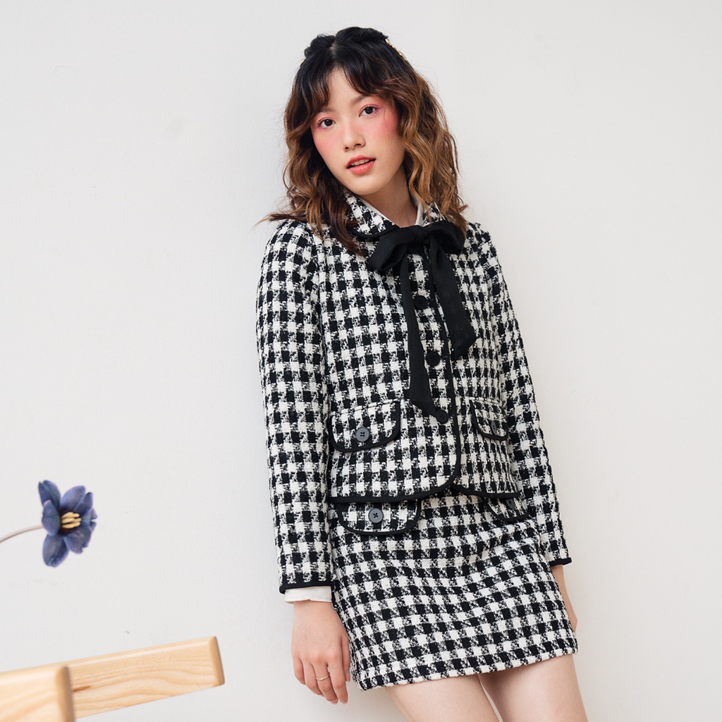 BLEUBIRD Áo khoác vải tweed HOUNDSTOOTH JACKET (Tặng kèm dây buộc nơ)