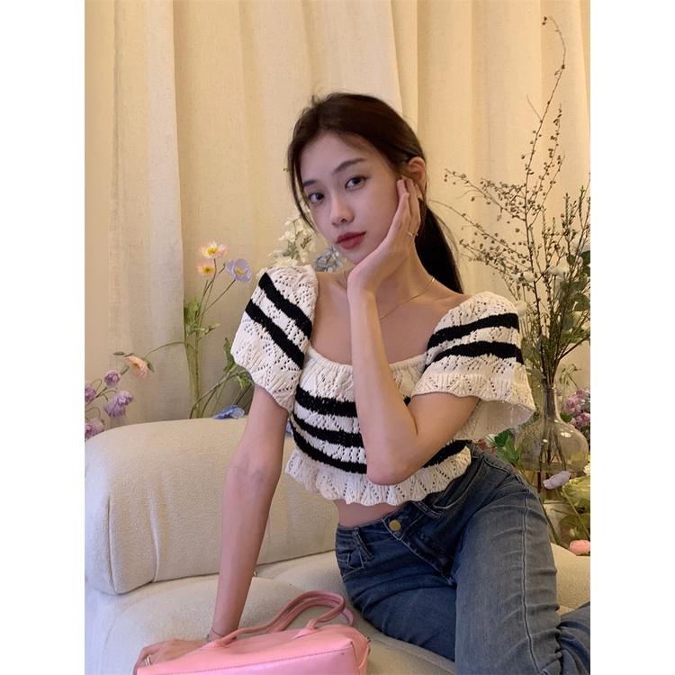 QADCOL  Áo Croptop Cổ Vuông Viền Bèo Họa Tiết Kẻ Sọc Màu Sắc Tương Phản Thời Trang Mùa Hè Cho Nữ