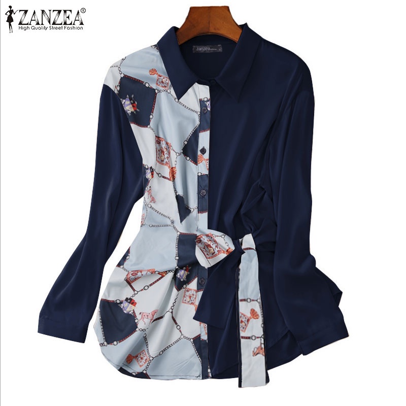 Áo sơ mi ZANZEA cổ bẻ thắt nơ tay dài in họa tiết hoa phối nút cài cho nữ
