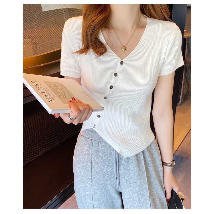 DUNEA Áo Thun Tay Ngắn Cổ Chữ V Thiết Kế Không Đồng Đều Quyến Rũ Thời Trang Cho Nữ