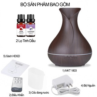 Máy xông tinh dầu MKT 1803, Bình Hoa Tulip vân gỗ, dung tích 550ML, có điều khiển, đèn LED 7 màu, tặng kèm 2 lọ tinh dầu