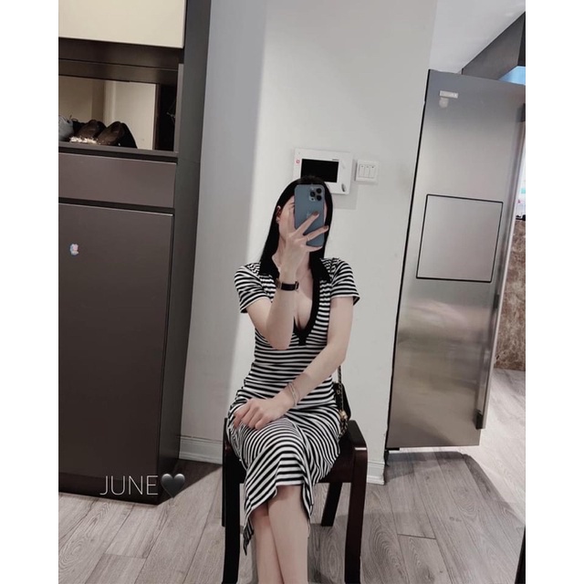 Váy body kẻ cổ bẻ khoá ngực đầm polo cổ so mi-Minxy shop