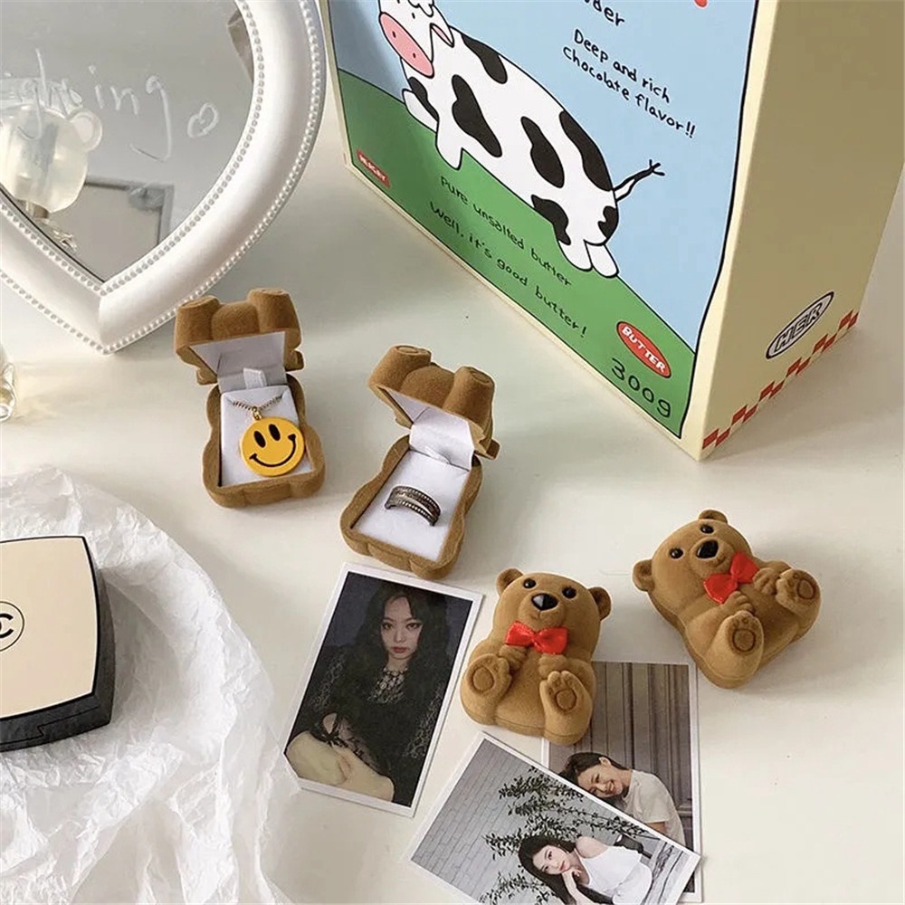 1 Hộp Nhung Đựng Trang Sức Hình Gấu Ôm Phong Cách Retro