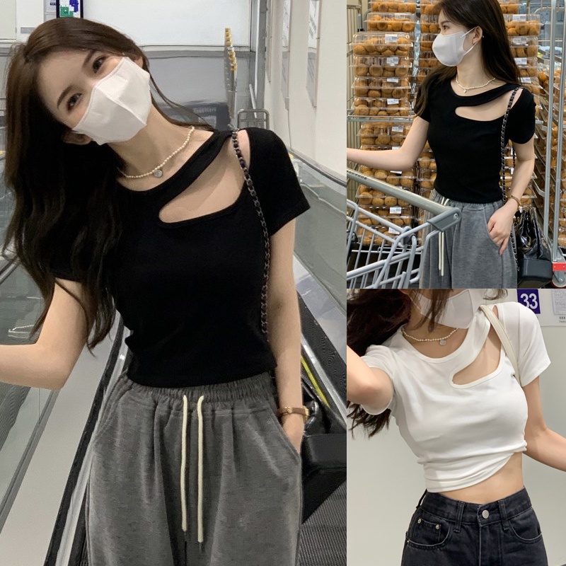 Áo Thun Croptop Tay Ngắn Màu Sắc Thanh Lịch Phong Cách Hàn Quốc
