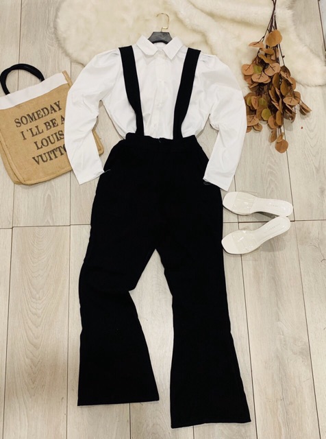 Set áo sơmi tay dài phồng + quần dài yếm ống loe