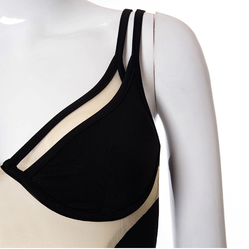 Bộ Áo Liền Quần Hai Dây Cổ Chữ V Phối Lưới Xuyên Thấu Gợi Cảm Cho Nữ