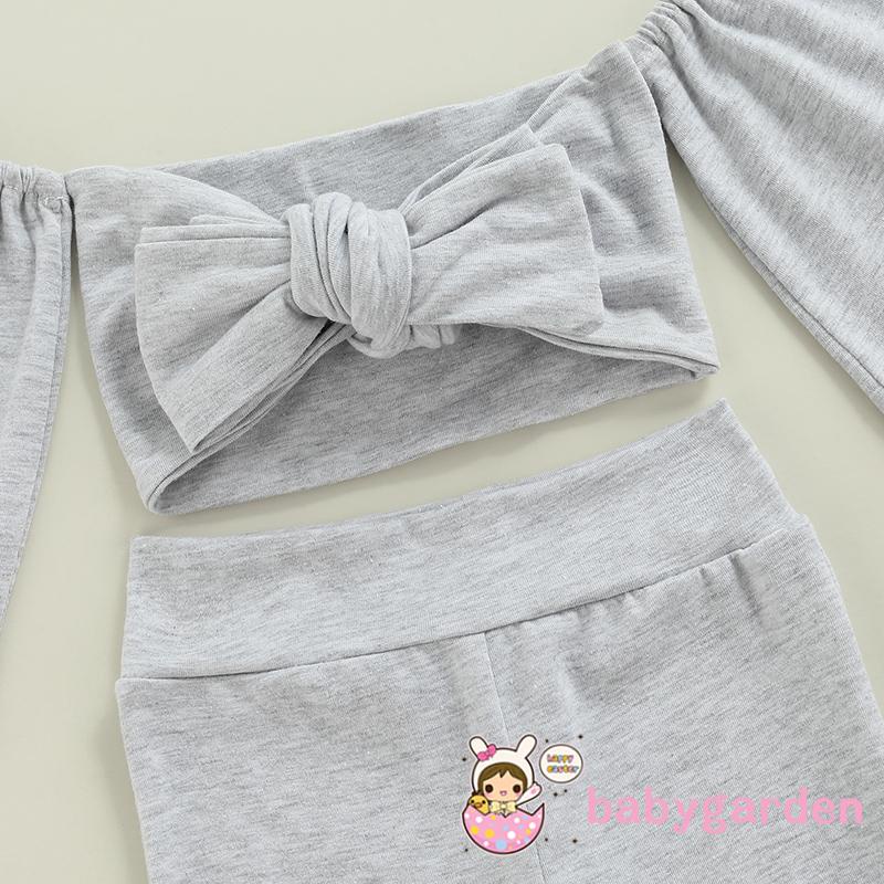 Set đồ 2 món áo croptop trễ vai thắt nơ + quần ống loe màu trơn cho bé gái
