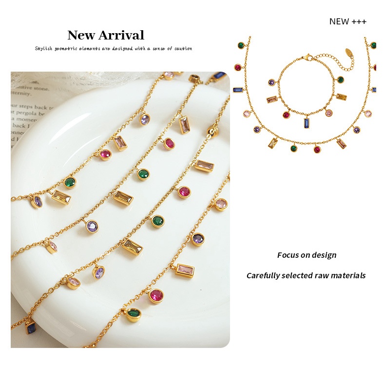 Set Dây Chuyền Và Vòng Tay Bằng Thép Titan Đính Đá Zircon Nhiều Màu Sang Trọng Không Phai Màu