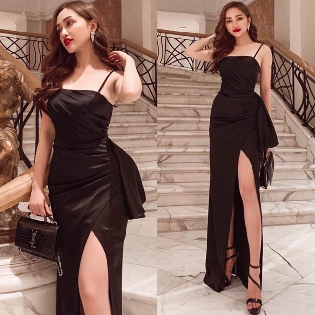 Đầm maxi body TRIPBLE T DRESS 2 dây xẻ đùi nhún bèo eo - size M/L - MS107V