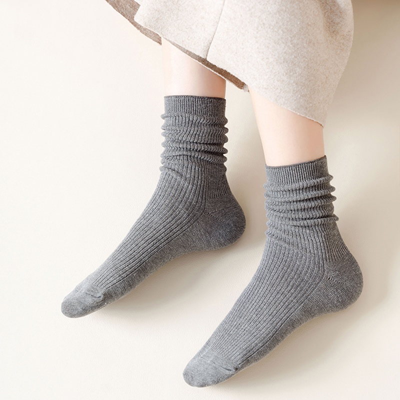 Vớ cotton cổ cao nửa kim đôi màu trơn phong cách Harajuku phối thoải mái cho nữ