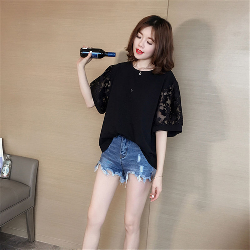 Áo Thun Cotton Ngắn Tay Dáng Rộng Phối Ren Xinh Xắn Cho Nữ