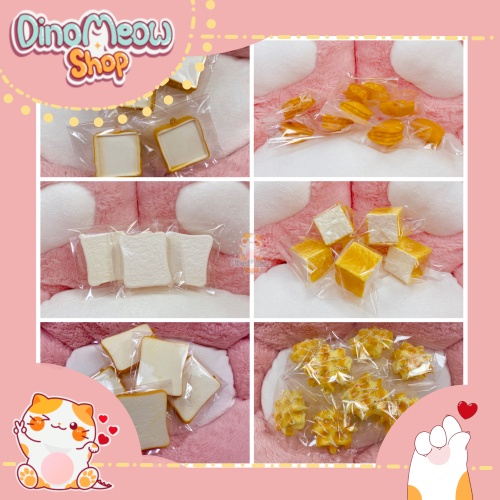 Squishy chủ đề các loại bánh: bánh khối, khoai tây, bánh kẹp, bánh cuộn,... mềm (kèm móc khoá trừ khoai tây)