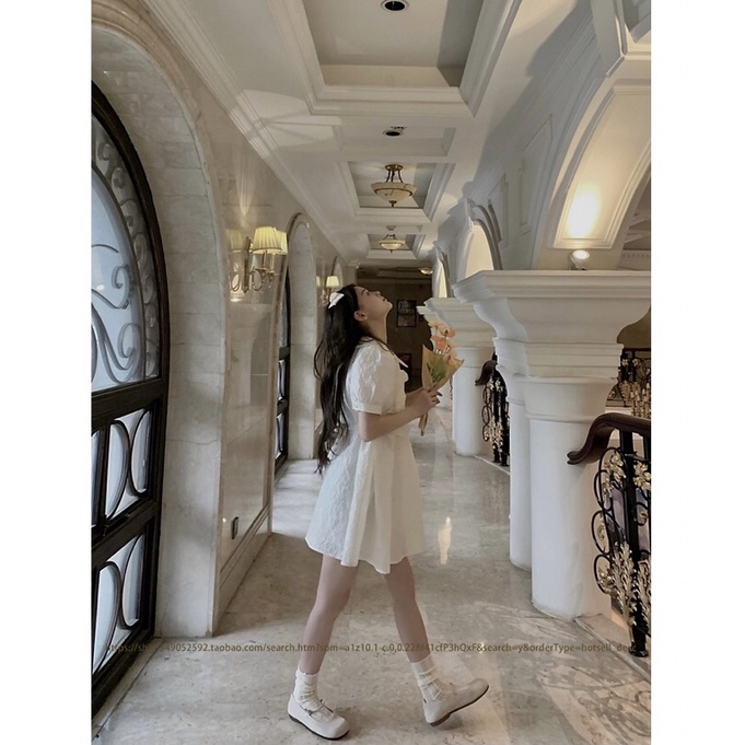Đầm babydoll tay phồng bèo ngực kiểu Hàn Quốc xòe dễ thương , váy babydoll trắng tay phồng - Florence dressl