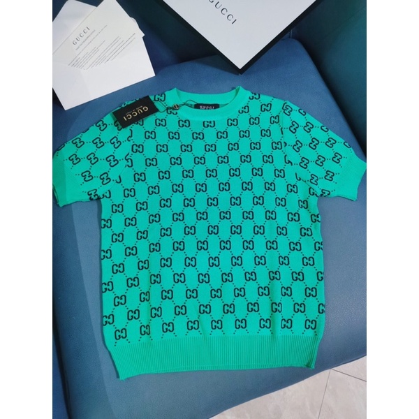 áo len đan nữ in logo cổ tròn ngắn tay gucci gc GG