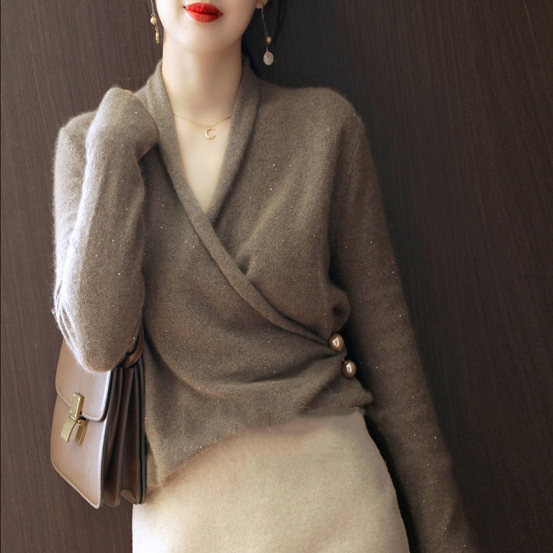 Áo Sweater Dệt Kim Lụa Đính Ngọc Trai Cổ Chéo Thời Trang Nữ 2021