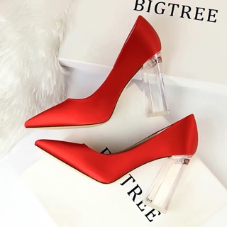 (ORDER) Giày cao gót lụa satin đế vuông trong suốt 10 cm, hàng cao cấp (có size ngoại cỡ)