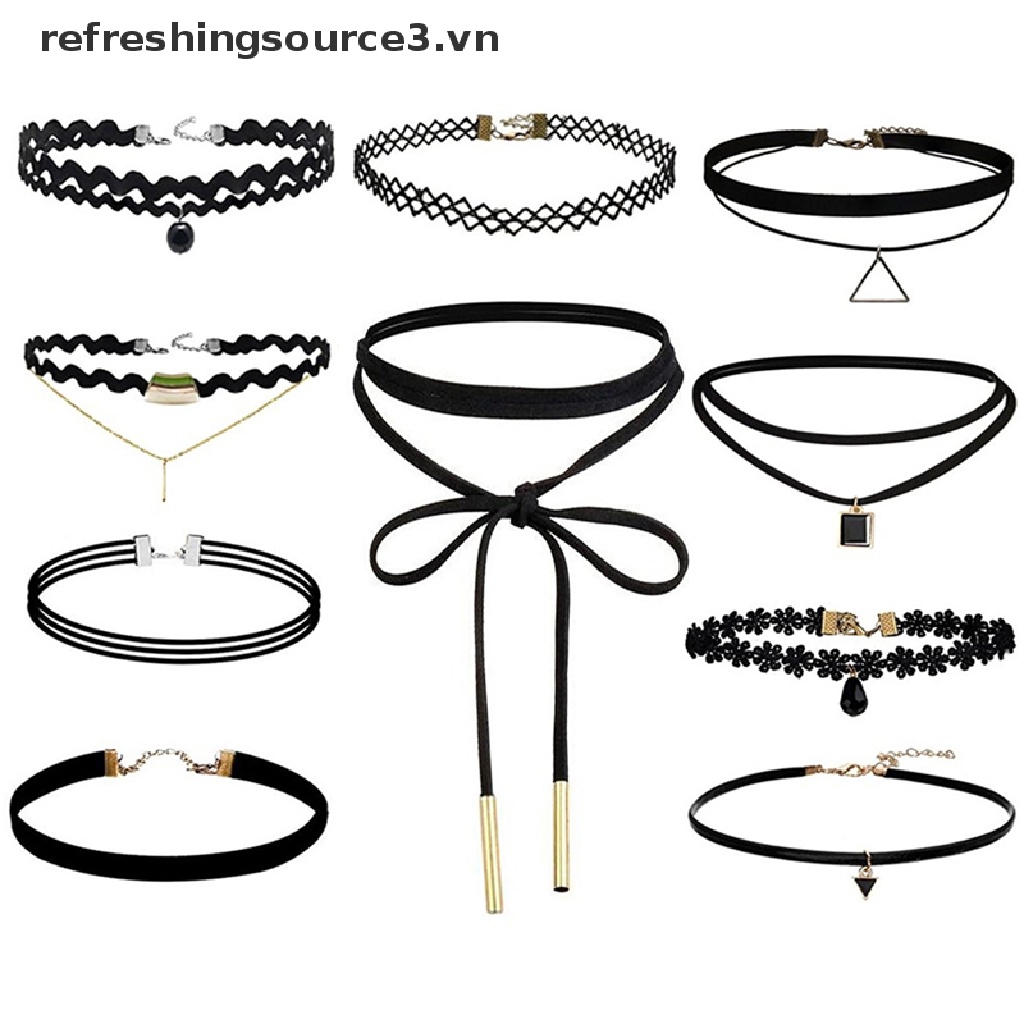Bộ 10 Vòng Cổ choker Nhung Đen Cổ Điển