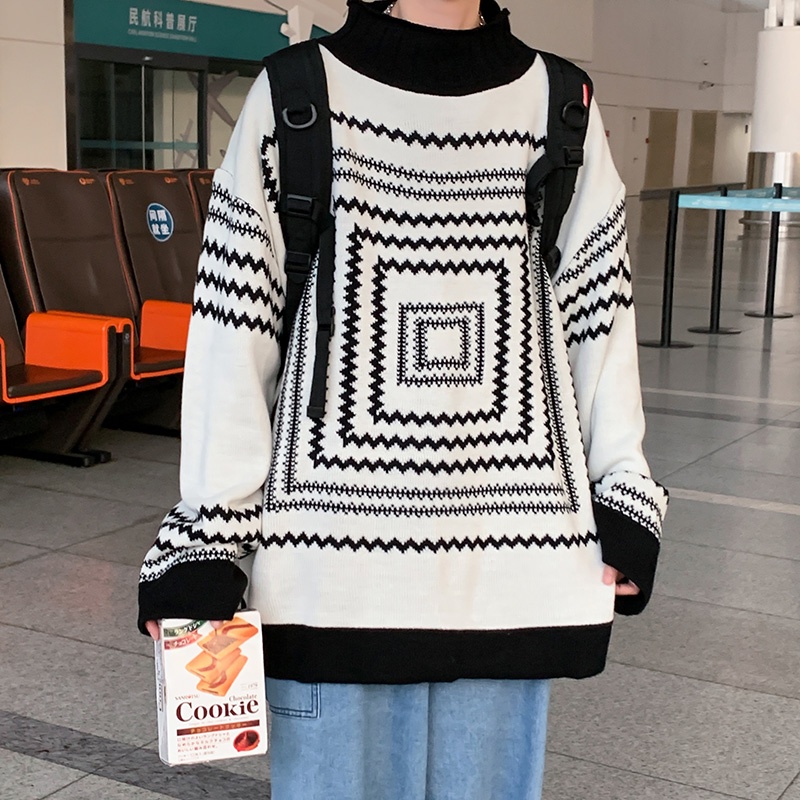 Áo sweater dệt kim tay dài cổ tròn dáng rộng in họa tiết hình học phong cách Nhật Bản thời trang đường phố cho nam size M-2XL