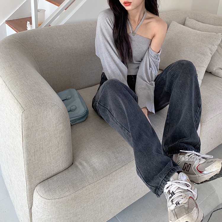 Quần jeans lưng cao ống rộng phong cách retro đường phố cho nữ