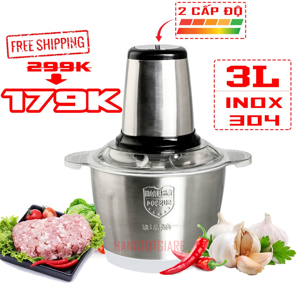 Máy Xay Thịt Cối Inox 3L Công suất 300W,4 Lưỡi Đa Năng - Cối Xay Thực Phẩm Đa Năng + Tặng Kèm 1 Lưỡi Dự Phòng