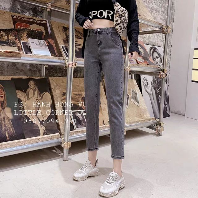 Quần slim baggy jeans xám đá cạp cao lưng chun form ulzzang kèm ảnh thật hàng sẵn