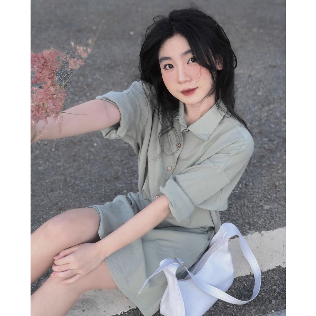 Set áo sơ mi tay dài phối chân váy chữ A chất đũi thun cực mát ba màu LOVI