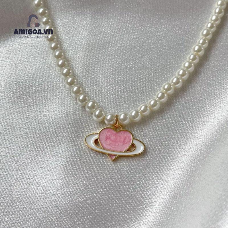 ✨✨Vòng cổ Mặt Hình Hành Tinh Trái Tim Màu Hồng Đính Ngọc Trai Phong Cách Dành Cho Nữ