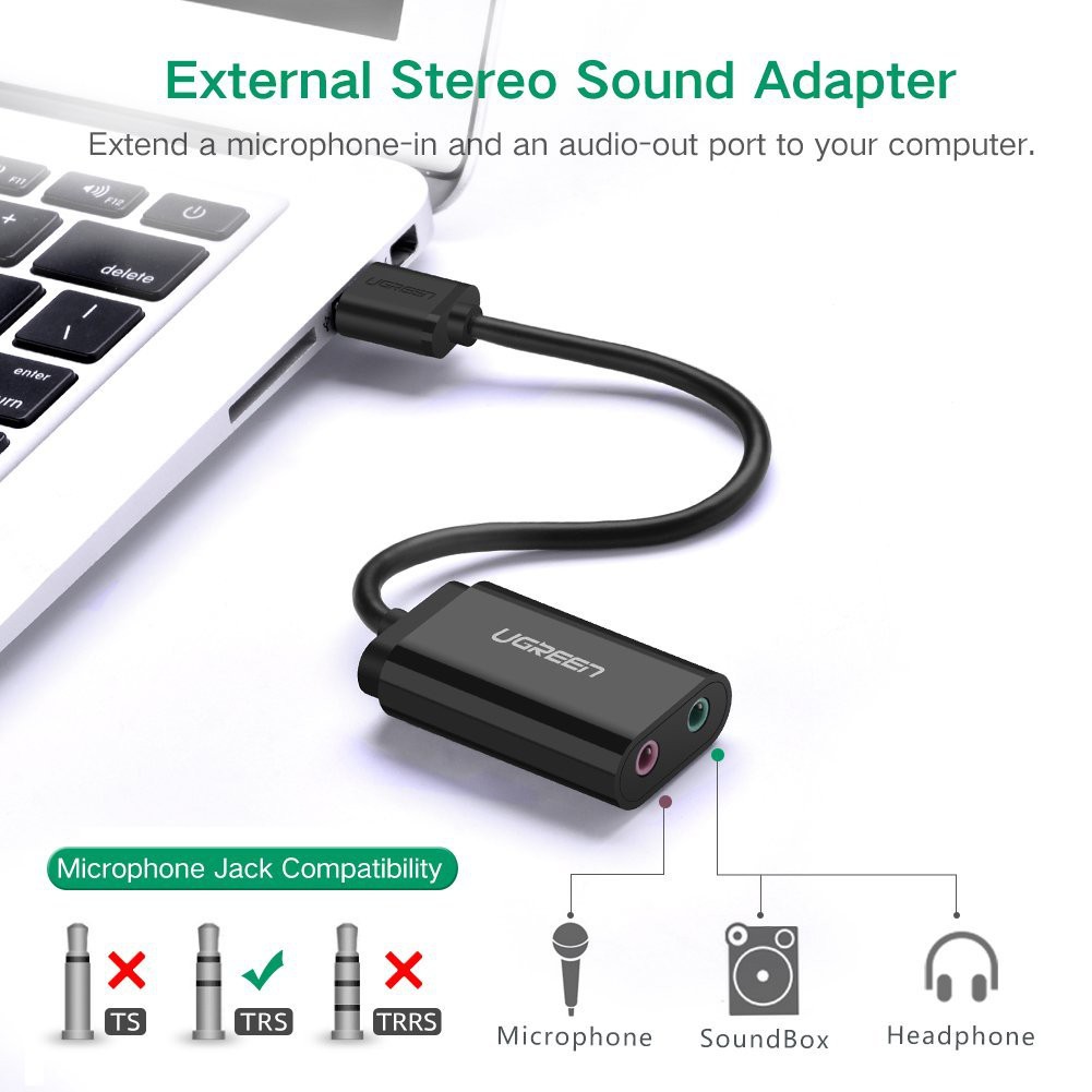 Card sound USB 2.0 sang 3.5mm Ugreen 30724 (chỉ hỗ trợ Windows)