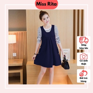 Đầm bầu babydoll dạng yếm pha áo kẻ cotton mềm xinh thiết kế bởi Đầm Bầu Nhung Huấn