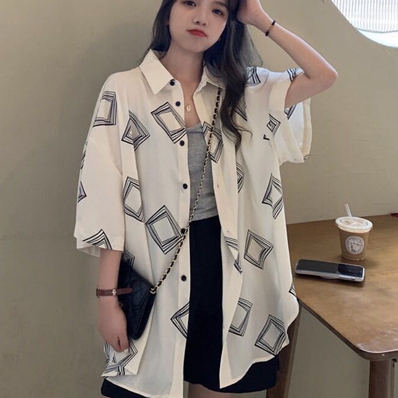 Áo sơ mi nữ kiểu form rộng tay lỡ Vanessa Stylish chất liệu đũi trơn mịn mát in hình Ô Vuông Đen Trắng SMH.40