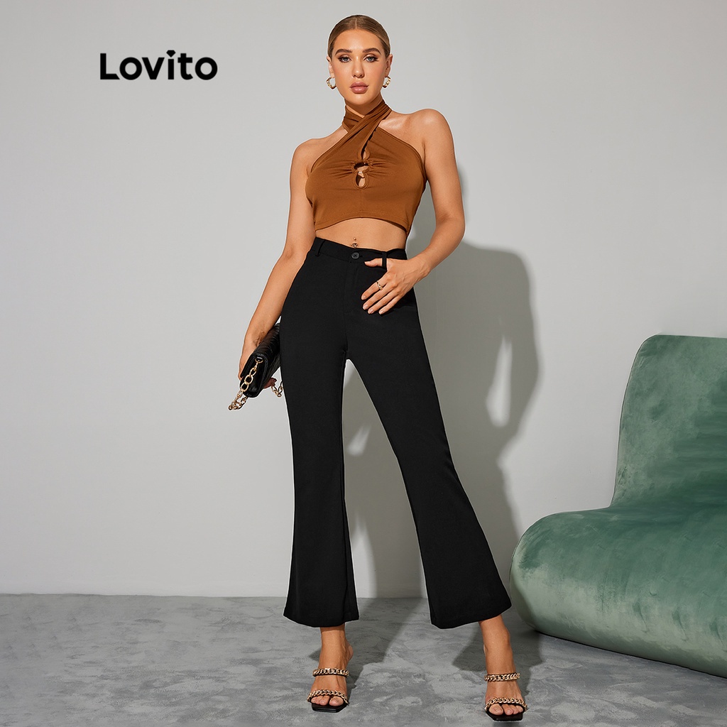 Lovito DAY &amp; NIGHT GLAMORQuần Ống Loe Nữ Dây Kéo Phối Nút L32LE028 (Đen)