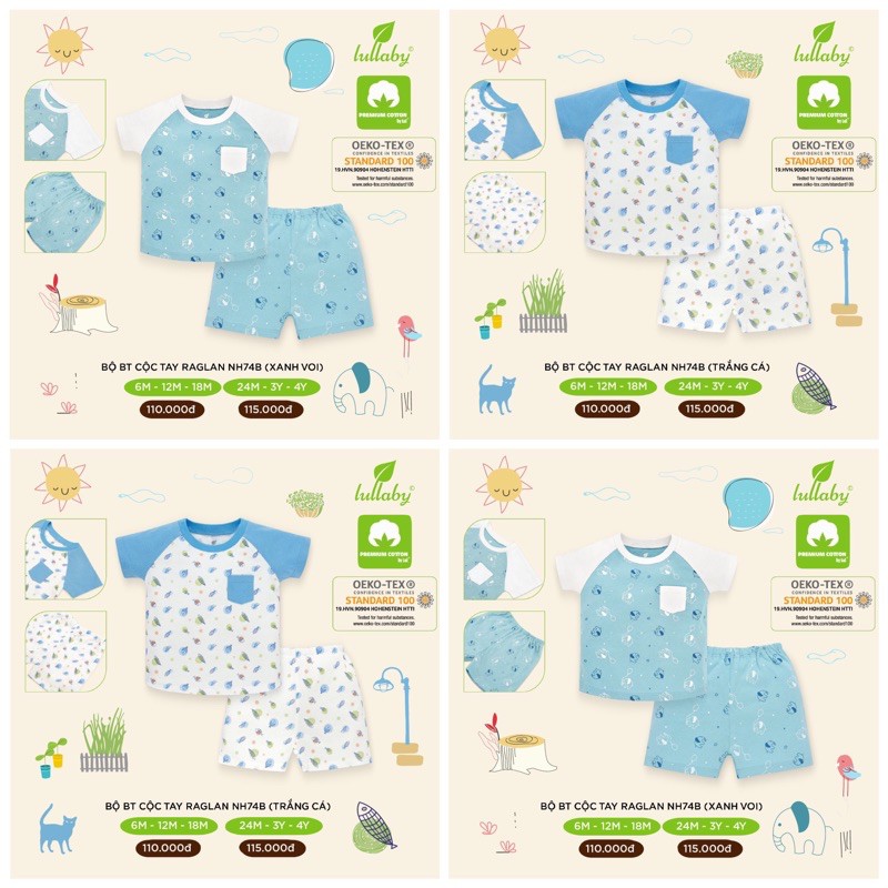 LULLABY-Bộ BT cộc tay raglan mẫu mới 2021 in hình ngộ nghĩnh cotton 100%