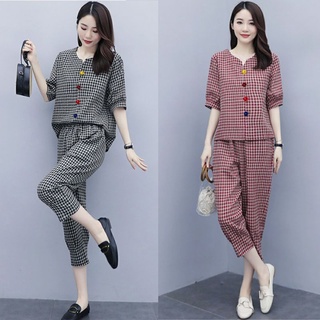 Bộ Đồ mặc nhà quần lửng áo cộc vải tuyết si mát mẻ kẻ caro nhí  - Đồ bộ nữ mùa hè