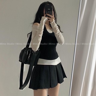 Set áo cổ v trễ vai / Váy xếp li / Áo yếm