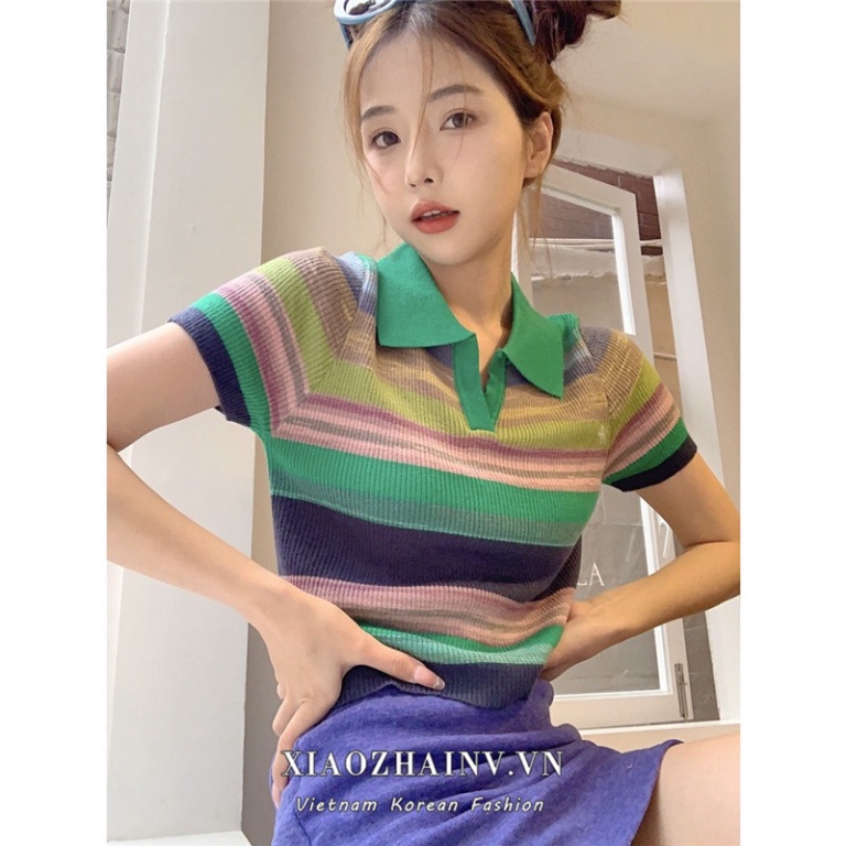 (Hàng Đẹp) Xiaozhainv Áo Dệt Kim Ngắn Tay Cổ POLO Họa Tiết Kẻ Sọc Thời Trang Mùa Hè Cho Nữ (ảnh thật)