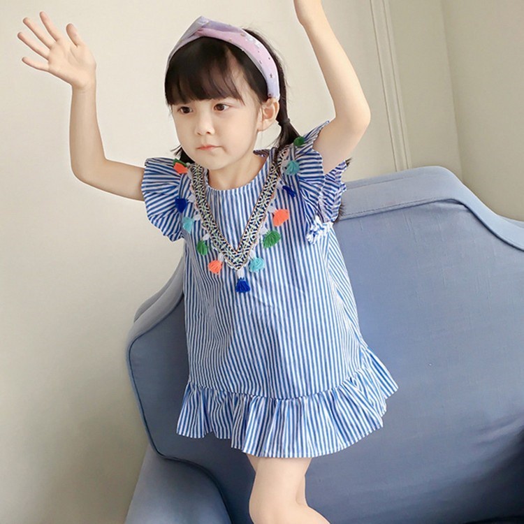 Đầm Công Chúa Mùa Hè Bằng Vải Lanh Cotton Thoáng Khí Kẻ Sọc Phong Cách Dân Tộc Mới Cho Bé Gái