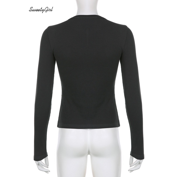 Áo Thun Tay Dài Cổ Tròn Màu Đen Trơn Cài Nút Thời Trang 2022 Quyến Rũ Cho Nữ