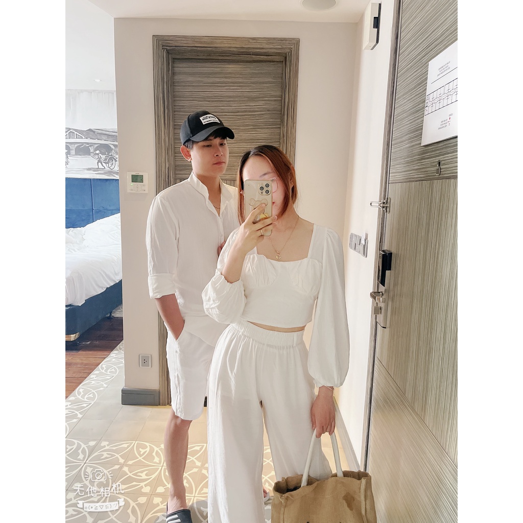 Bộ quần áo đũi, 1 bộ sơ mi cổ tàu dài tay kèm quần đen, trắng chất liệu vải đũi xước chuân đi biển đi chơi