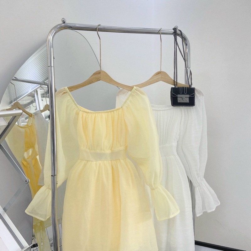 Đầm voan tơ cổ vuông thắt nơ lưng tay bo loe