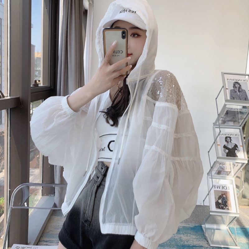 Áo Khoác cardigan Mỏng Trong Suốt Dáng Rộng Chống Nắng Đính Kim Sa Phong Cách Hàn Quốc Cho Nữ