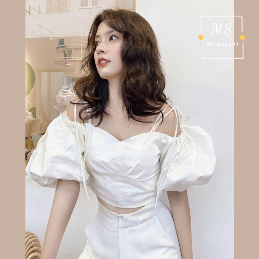 Áo Tay Phồng Dây Thắt Vai Lưng Chun (ĐEN+TRẮNG)