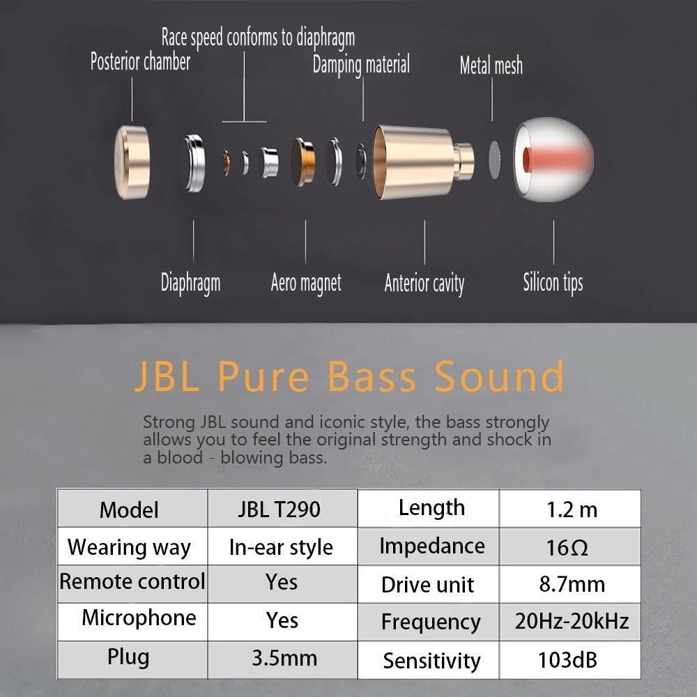 Tai Nghe Nhét Tai Thể Thao Chính Hãng Jbl T290 Harman Bằng Nhôm Có Nút Điều Khiển Từ Xa / Mic