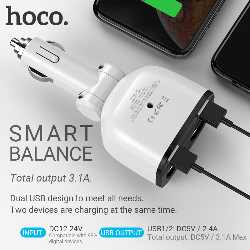 Cốc Sạc Hoco. Z28 Hai Cổng USB Có Màn Hình LED Dành Cho Điện Thoại Di Động iPhone Oppo Dùng Trong Xe Hơi