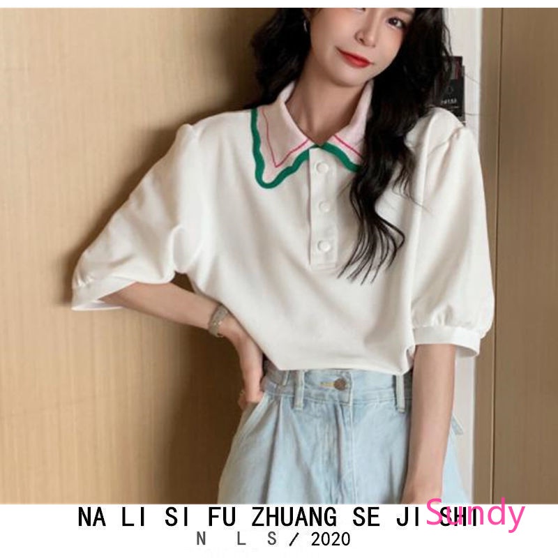 Áo Tay Phồng Cổ Polo Thời Trang Mùa Hè Pháp Cho Nữ