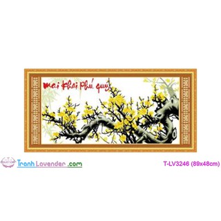 [T-LV3246]Tranh thêu chữ thập Hoa cỏ Mai khai phú quý (89x48cm)