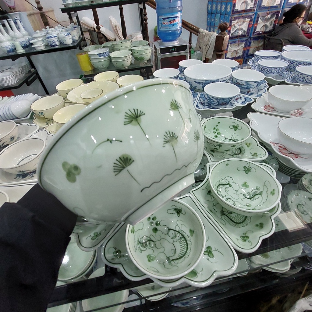 Bộ bát đĩa hoa mặt trời men kem xanh hoa văn cá chép, Hàng gốm sứ Bát Tràng chính hãng, Bộ -15 món