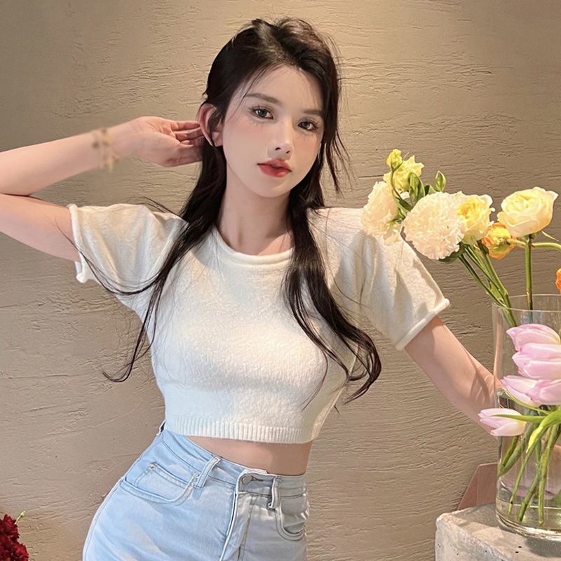 Áo Thun Dệt Kim Cổ Tròn Hở Lưng Tay Ngắn Thời Trang Cho Nữ