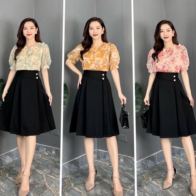 T01 Áo Tơ Hoa phối chân váy xoè ly cúc eo
