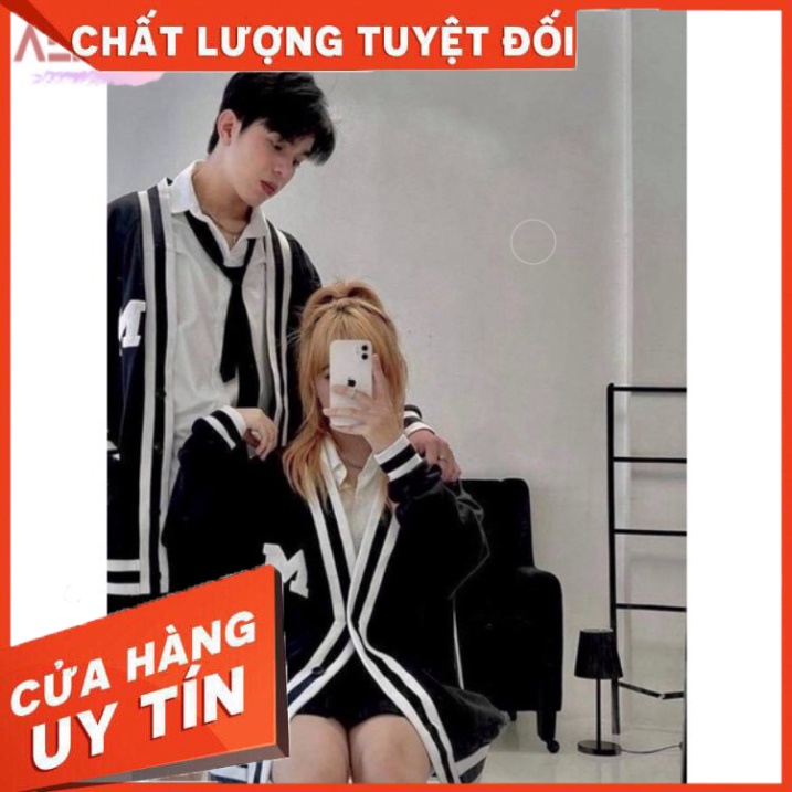 Áo Khoác Cardigan Đen Viền Trắng Chữ M Unisex, Áo Đôi Nam Nữ - HÀNG MỚI VỀ